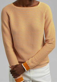 Gestreiftes Langarmoberteil in Orange und Weiß, lockere Passform, Bootsausschnitt, gerippte Ärmelbündchen, aus weichem Baumwollmix gefertigt.