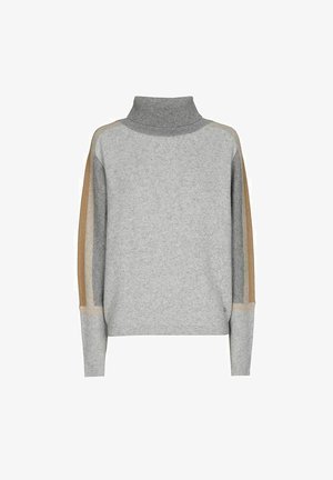 Grijze gebreide trui met col, voorzien van contrasterende bruine en lichter grijze panelen op de mouwen, met geribbelde manchetten en zoom.