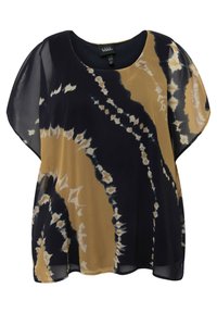 Top leggero e trasparente con scollatura rotonda, maniche corte e svolazzanti, e un motivo tie-dye nei colori blu navy, beige e crema.