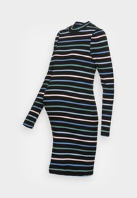 Gravidklänning med långa ärmar, med horisontella ränder i svart, blått, grönt och rosa. Tillverkad av stretchigt tyg för komfort.