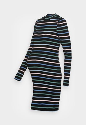 Zwangerschapsjurk met lange mouwen, voorzien van horizontale strepen in zwart, blauw, groen en roze. Gemaakt van rekbare stof voor comfort.