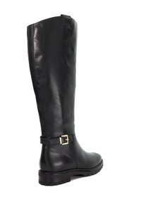 Tall black leather boot with a low heel and a decorative gold buckle strap near the ankle.
