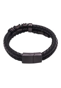 Black braided leather bracelet with a textured finish. Features a smooth, rectangular clasp in matte black, complementing the design.