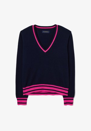 Pull en V bleu marine en matière douce, avec des accents côtelés rose vif sur le col et l'ourlet, ainsi que des poignets rayés.