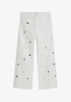 Witte wijde jeans met bloemenborduurwerk in verschillende kleuren. Gemaakt van katoen. Beschikt over twee achterzakken en een knoopsluiting.