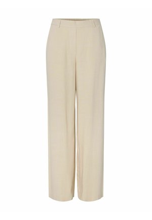 Pantalones beige de talle alto con pierna ancha, trabillas para cinturón, costura frontal y un diseño frontal liso y plano.