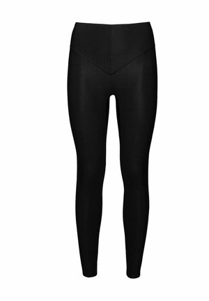 Leggings negre din material elastic, cu talie înaltă, având o textură netedă și o siluetă ajustată. Fără modele sau accente vizibile.