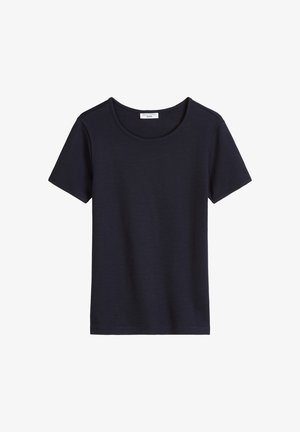 T-shirt noir à manches courtes et col rond avec une texture côtelée, présenté à plat sur un fond blanc.