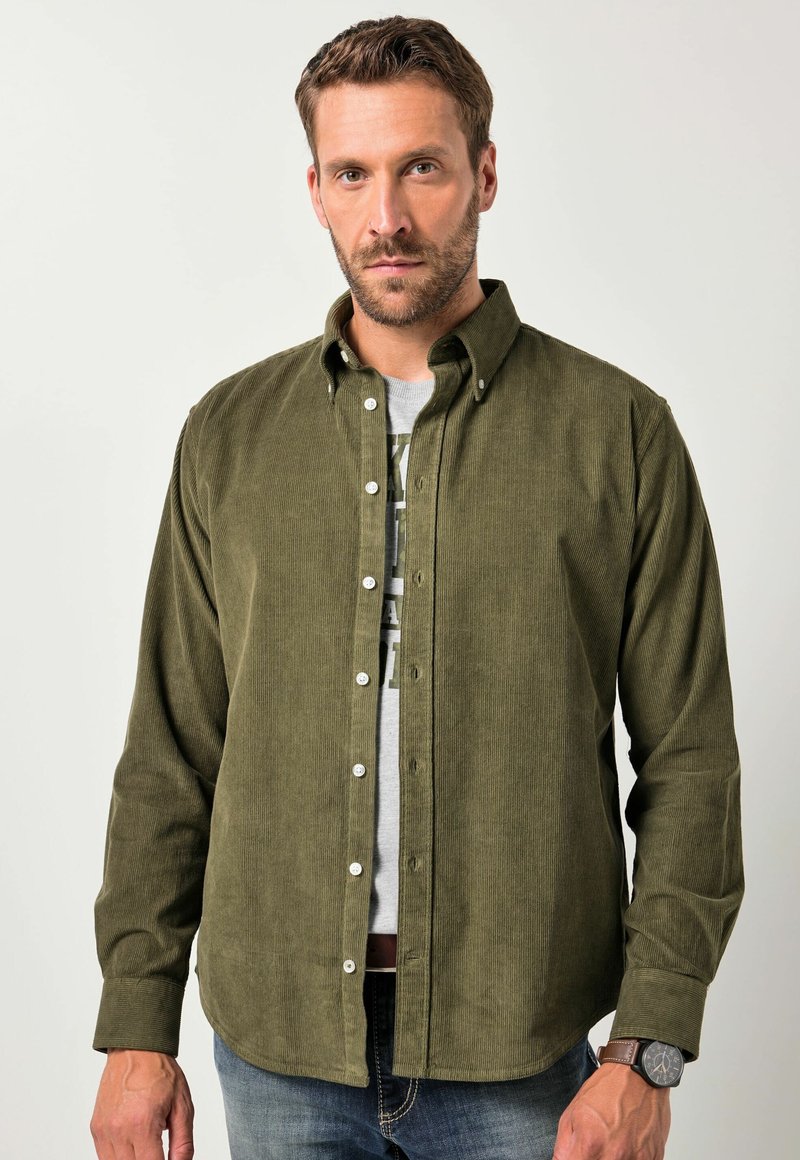 slim fit dress slacks Civil Society Dark Olive Green Snap Front Knit Shacket – Taelor.Style main image 1