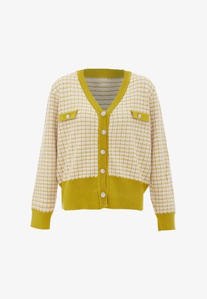 Gelber und weißer karierter Cardigan mit V-Ausschnitt, gerippten Bündchen und Saum. Verfügt über dekorative Knöpfe und zwei frontale Taschen.