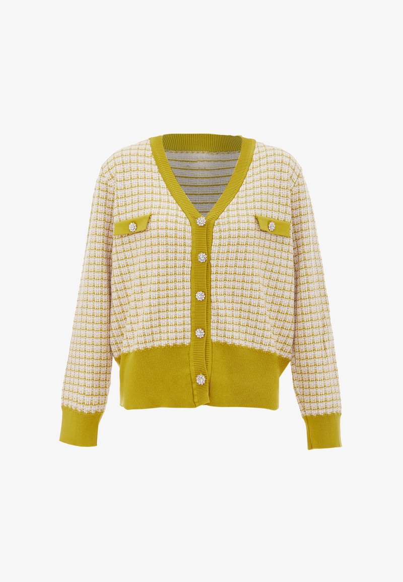 Sárga és fehér kockás minta mintájú kardigán V nyakkivágással, bordázott mandzsettákkal és szegéllyel. Dekoratív gombokkal és két elülső zsebbel rendelkezik.