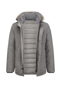 Gray outer jacket with a smooth texture, featuring a zip and button closure, and a patterned inner lining with quilted padding.