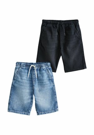 Set de pantaloni scurți din denim, unul albastru deschis și unul negru. Ambele au o talie elastică cu șnur și buzunare laterale. Textură netedă.