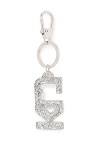 Porte-clés en paillettes argentées avec un mousqueton et un anneau, présentant un grand charme en forme de lettre "G" suspendu en dessous.