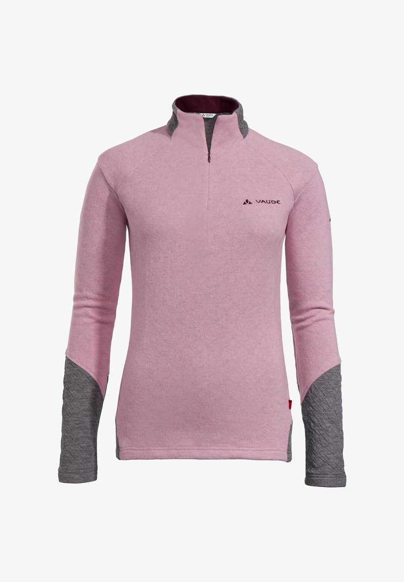 Polaire à fermeture éclair rose clair avec des accents gris sur les épaules et les poignets. Présente un col montant et un tissu texturé sur les poignets.