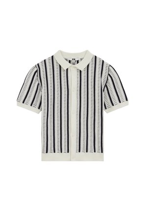 Krótki rękaw biały dzianinowy kardigan z czarnymi pionowymi paskami, zapinany na guziki z przodu, z jednolitym białym kołnierzem i mankietami.