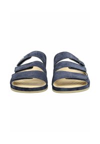 Herren-Sandalen aus marineblauem Wildleder mit drei verstellbaren Riemen und beigen Sohlen, von vorne auf weißem Hintergrund gezeigt.