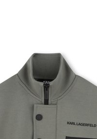 Lichtgrijze sweatshirt met hoge kraag, zwarte rits, twee zwarte knopen en logodetails op de voorkant. Glad textuur.