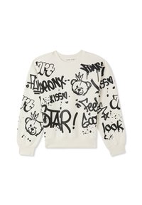 Kremowa bluza z czarnym tekstem w stylu graffiti oraz ilustracją niedźwiedzia. Z ribbowanymi mankietami i dołem, o luźnym kroju i miękkiej fakturze.