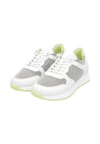 White sneakers with mesh panels and lime-green accents. Features include laces, cushioned soles, and textured synthetic material.