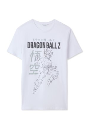 T-shirt bianco in cotone con una grafica a contorno nera di un personaggio di Dragon Ball Z con testo giapponese. Maniche corte e vestibilità comoda.