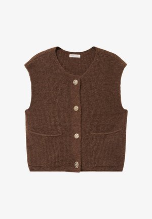 Braune gestrickte ärmellose Weste mit rundem Ausschnitt, vier strukturierten Knöpfen vorne und zwei Fronttaschen.