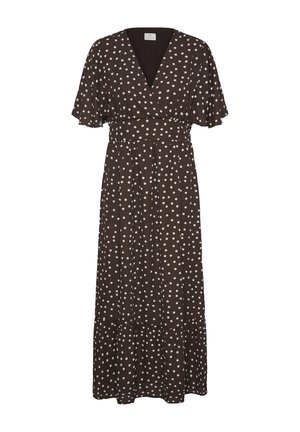 Robe maxi marron foncé à pois blancs, manches courtes volantées, encolure en V, taille froncée avec une jupe à volants.