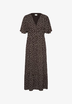 Sötétbarna maxi ruha fehér pöttyökkel, rövid, fodros ujjakkal, V-nyakkivágással, és redős derékkal, több rétegű szoknyával.