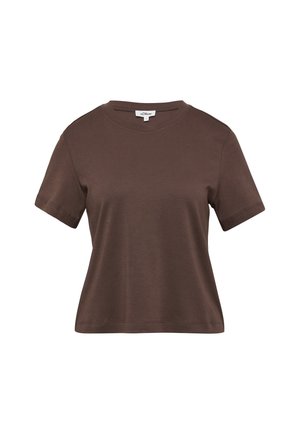 T-shirt en coton marron à manches courtes et col ras du cou avec un ourlet droit, présenté sur un fond blanc.