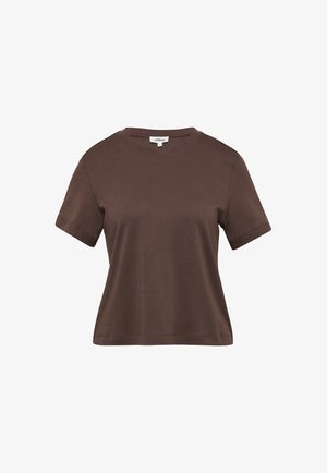 Braun kurzärmliges T-Shirt mit Rundhalsausschnitt aus Baumwolle und geradem Saum, vor einem weißen Hintergrund präsentiert.