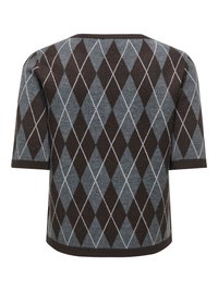 Maglione a maniche corte lavorato a maglia con motivo a rombi argyle marroni e grigi e scollo rotondo.