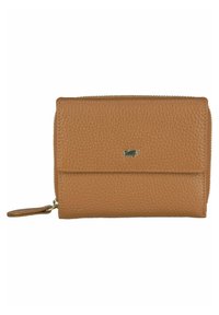 Portafoglio in pelle color cuoio con una texture a ciottoli, una patta anteriore con un piccolo logo e una chiusura a zip. Presenta un tirante decorativo per la zip.