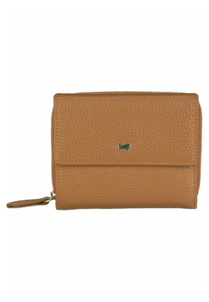 Portafoglio in pelle color cuoio con una texture a ciottoli, una patta anteriore con un piccolo logo e una chiusura a zip. Presenta un tirante decorativo per la zip.