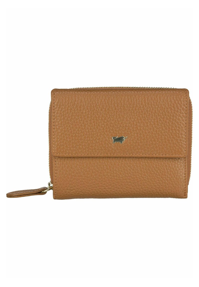 Portafoglio in pelle color cuoio con una texture a ciottoli, una patta anteriore con un piccolo logo e una chiusura a zip. Presenta un tirante decorativo per la zip.