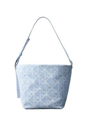 Light blue bucket-style handbag with adjustable strap and textured geometric pattern across fabric surface.