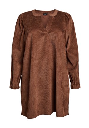 Brown corduroy dress with a V-neck, long puff sleeves, and elastic cuffs, featuring a relaxed fit and subtle texture throughout.