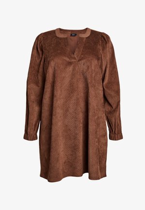 Bruine corduroy jurk met een V-hals, lange pofmouwen en elastische manchetten, met een relaxte pasvorm en subtiele textuur door de hele jurk.