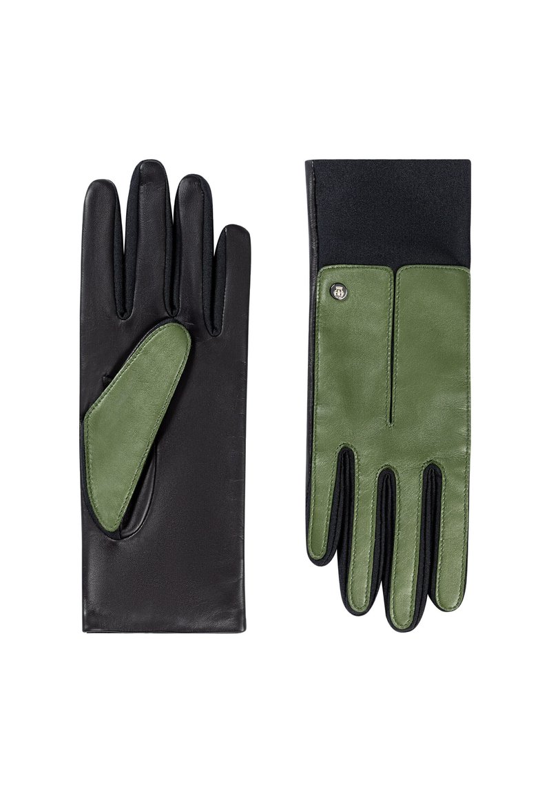 Schwarze Lederhandschuhe mit grünen Lederakzenten. Sie verfügen über ein enganliegendes Design und einen strukturierten Stoffbund. Auffälliges grünes Patch auf dem linken Handschuh.