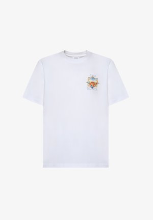 Wit katoenen T-shirt met korte mouwen, voorzien van een kleurrijke strandthemaafbeelding en de tekst "Casa Blanca" op de linkerborst.