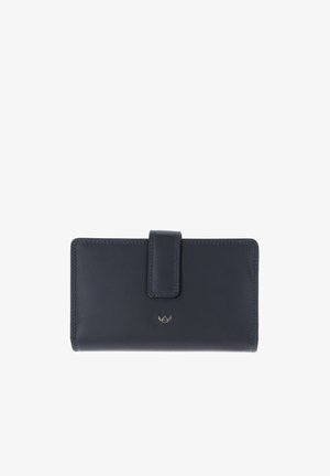 Black leather wallet with stitched edges, a button strap closure, and a small embossed logo centered on front.