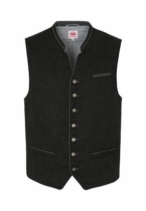 Gilet en laine noire avec six boutons argentés, un col montant et deux poches latérales. Travaux de garniture grise le long des bords et des ouvertures des poches.