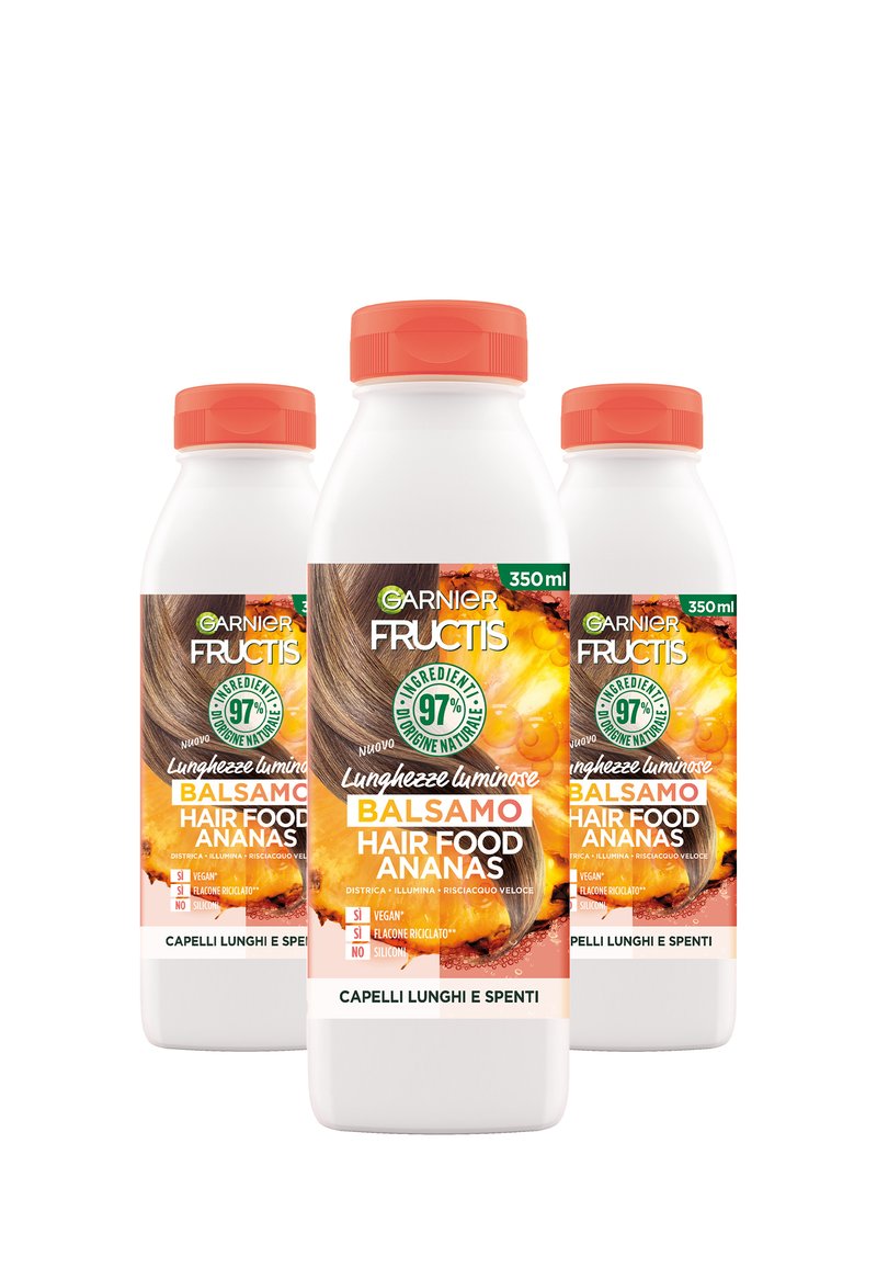 Garnier - BALSAMO LUNGHEZZE LUMINOSE FRUCTIS HAIR FOOD ANANAS, BALSAMO PER CAPELLI LUNGHI E SPENTI, 350 ML - 3 PACK - Balsamo, Ingrandire