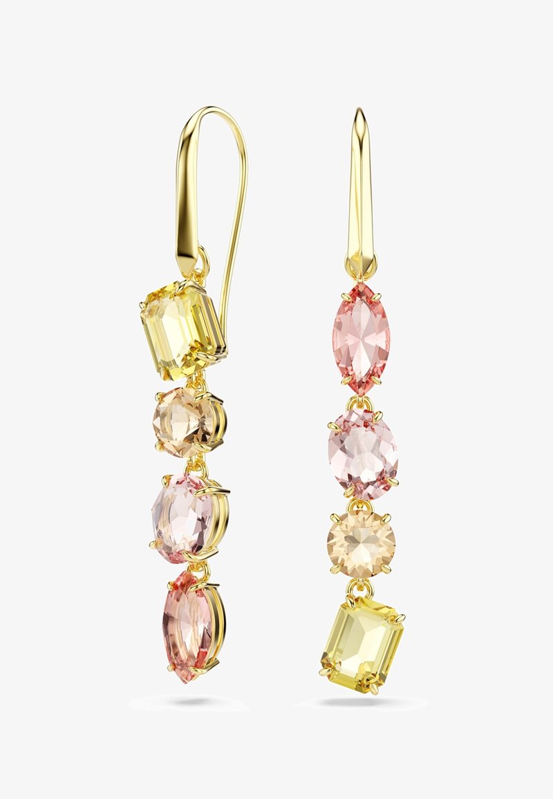 Goldene Ohrhänger mit gelben, rosa und pfirsichfarbenen rechteckigen, ovalen und runden Edelsteinen, vertikal angeordnet.