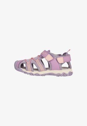 Licht paarse en roze open teen sandalen met een bovenkant van mesh, klittenbandsluiting en een gestructureerde rubberen zool. Bevat meerdere ventilatieopeningen.