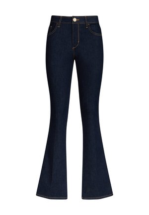 Jean en denim bleu foncé taille haute avec jambes évasées, fermeture avant par boutons, et surpiqûres contrastées sur les poches et les coutures.