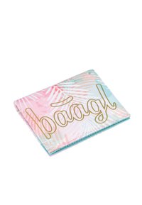 Two-tone card wallet in pink and blue with a palm leaf pattern. Features gold text "baagl" prominently on the front. Made of durable material.