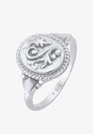 Sterling silver ring featuring an oval design with intricate swirling patterns, textured rope detailing, and smooth polished accents.