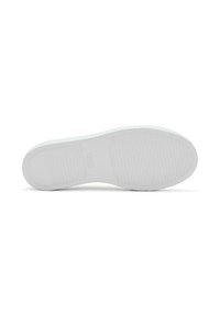 Semelle de chaussure en caoutchouc blanc avec une surface texturée comportant des rainures horizontales et verticales, conçue pour l'adhérence et la durabilité.