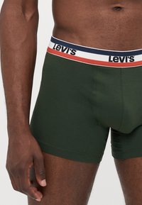 Zöld pamut boxer alsónadrág fehér, piros és sötétkék csíkozott derékkal, amelyen a "Levi's" logo szerepel. Simás textúra és szoros illeszkedés jellemzi.
