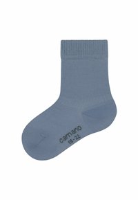 Calzino per neonati di un solo colore, azzurro chiaro, con polsino a coste e il nome del marchio "Esmano" stampato vicino alla suola.